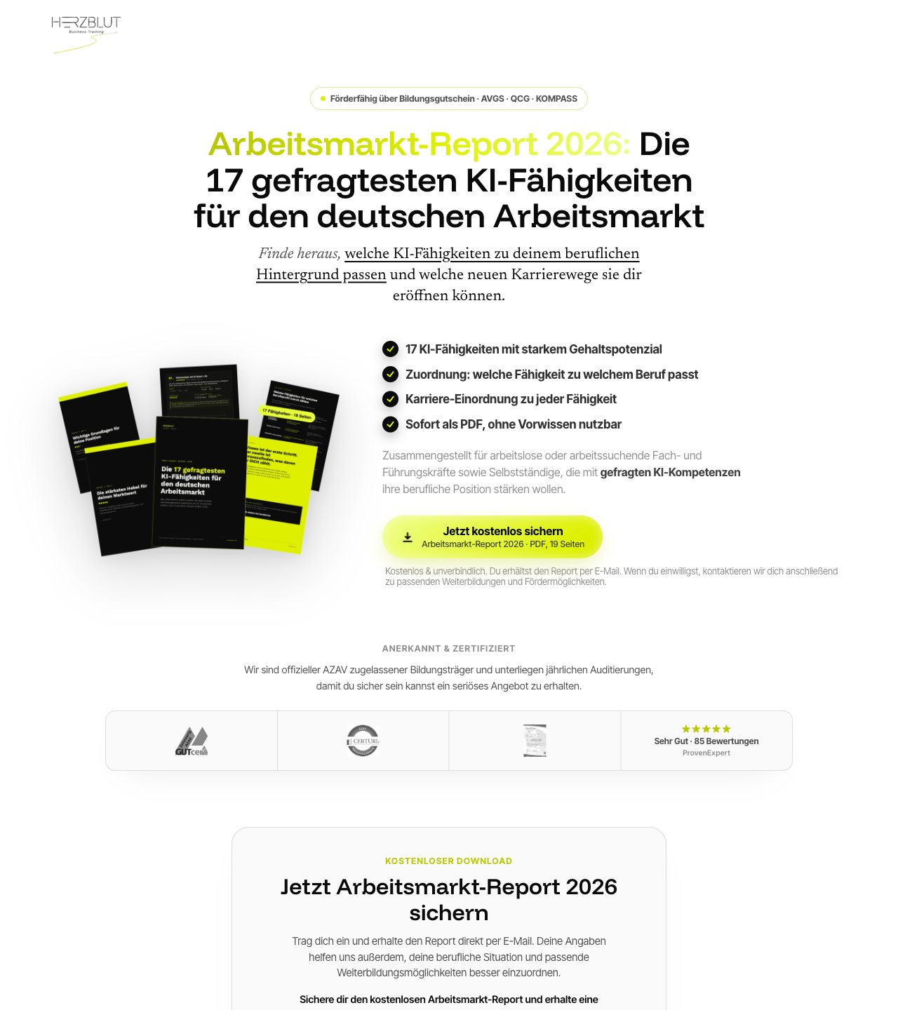 Landingpage von HERZBLUT zum Arbeitsmarkt-Report 2026: Die 17 gefragtesten KI-Fähigkeiten für den deutschen Arbeitsmarkt